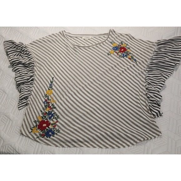 Umgee Tops - Umgee Embroidered Floral Striped Ruffle Sleeve Top Blouse Size S Small